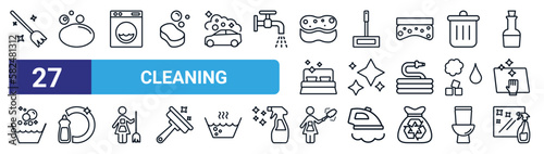 set of 27 thin line cleaning icons such as broom, soap, wash, mop, neat, washing plate, dusting, window cleaner vector icons for mobile app, web design.