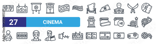 set of 27 thin line cinema icons such as prompt box, film poster, projector screen, film, movie film, photograms, storyboard, movie reel vector icons for mobile app, web design.