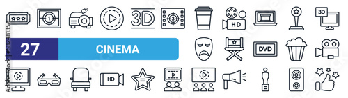 set of 27 thin line cinema icons such as cinema ticket with a star, film counter, projector with plug, hd video, director film chair, 3d glass, cinema audience, thumb up with star vector icons for