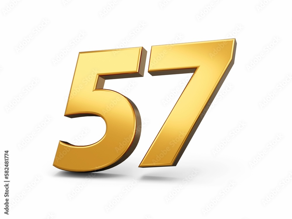 Number 57, Shiny 3d illustration of gold number fifty-seven isolated on white background Number 57, Shiny 3d illustration of gold number fifty-seven isolated on white background