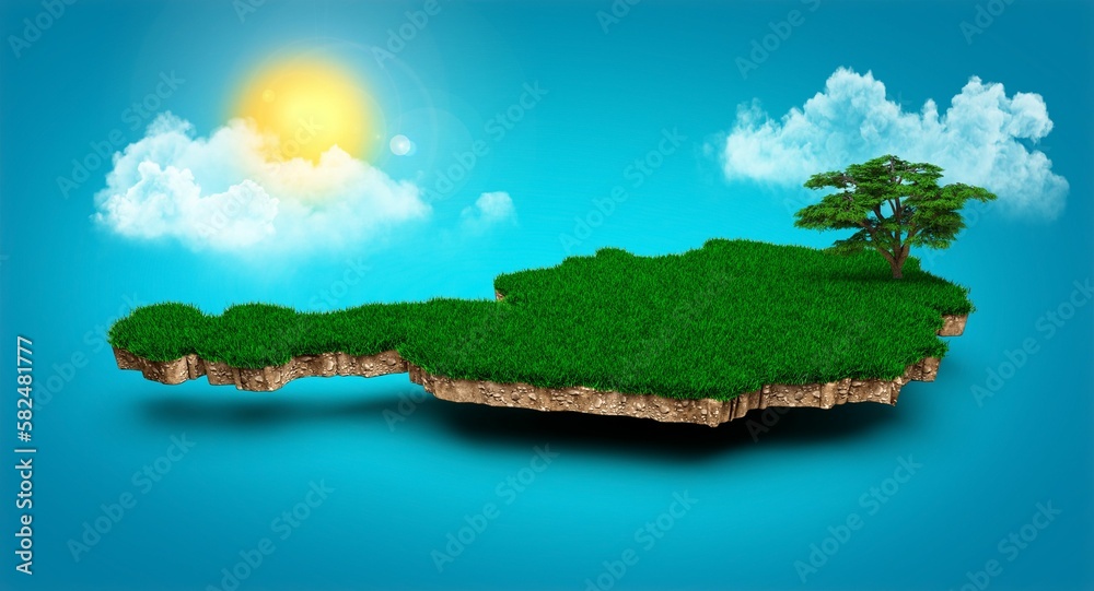 Digital illustration of a realistic 3D map of Austria with clouds. tree and sun rays on blue sky