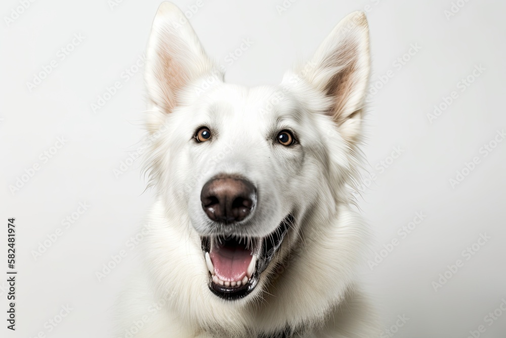 happy headshot of a white Swiss Shepherd dog against a white background. Generative AI happy headshot of a white Swiss Shepherd dog against a white background. Generative AI