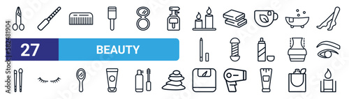 set of 27 thin line beauty icons such as manicure scissors, manicure, comb, folded towel, barber shop, two eyelashes, big scale, candle vector icons for mobile app, web design.