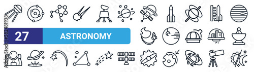 set of 27 thin line astronomy icons such as sputnik, milky way, constellation, launching shuttle, death star, simulator, gamma ray, day and night vector icons for mobile app, web design.