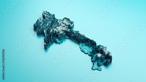 3D rendering of a spectral shaded relief map of the Laos isolated on light blue background