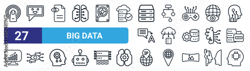 set of 27 thin line big data icons such as finger control, chat, page views, aorithm, big data, bionic, ip, intelligence vector icons for mobile app, web design.