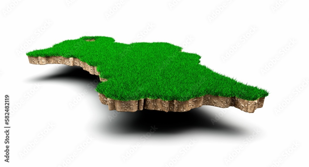 3D rendering of the Turkmenistan map with soil and grass isolated on a white background 3D rendering of the Turkmenistan map with soil and grass isolated on a white background
