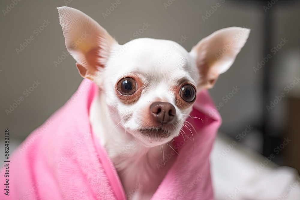 A beautiful white chihuahua covered in a pink towel. Generative AI
