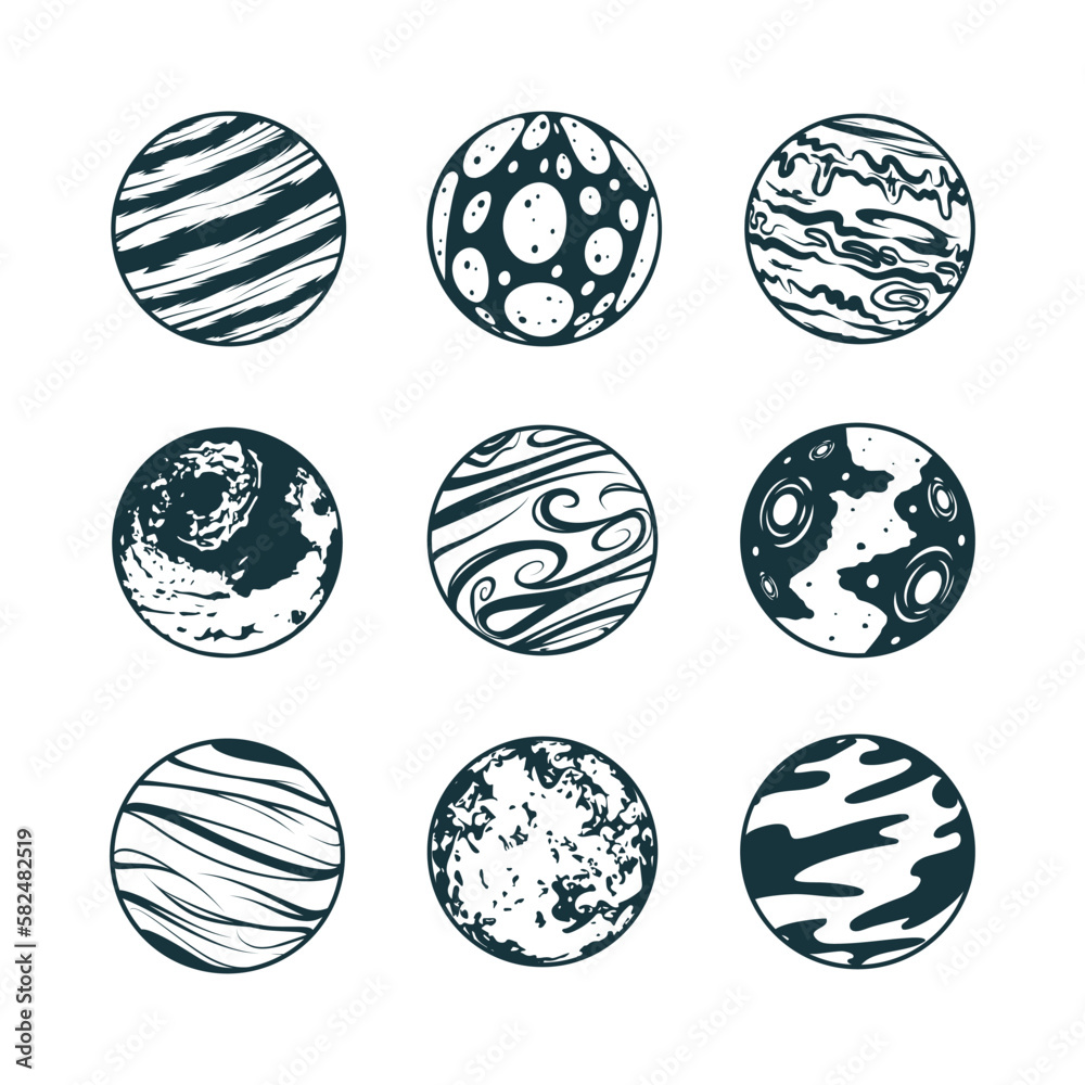 Galaxy planets celestial collection. Nine hand drawn space design elements isolated on white background for print, poster, tattoo and greeting card.