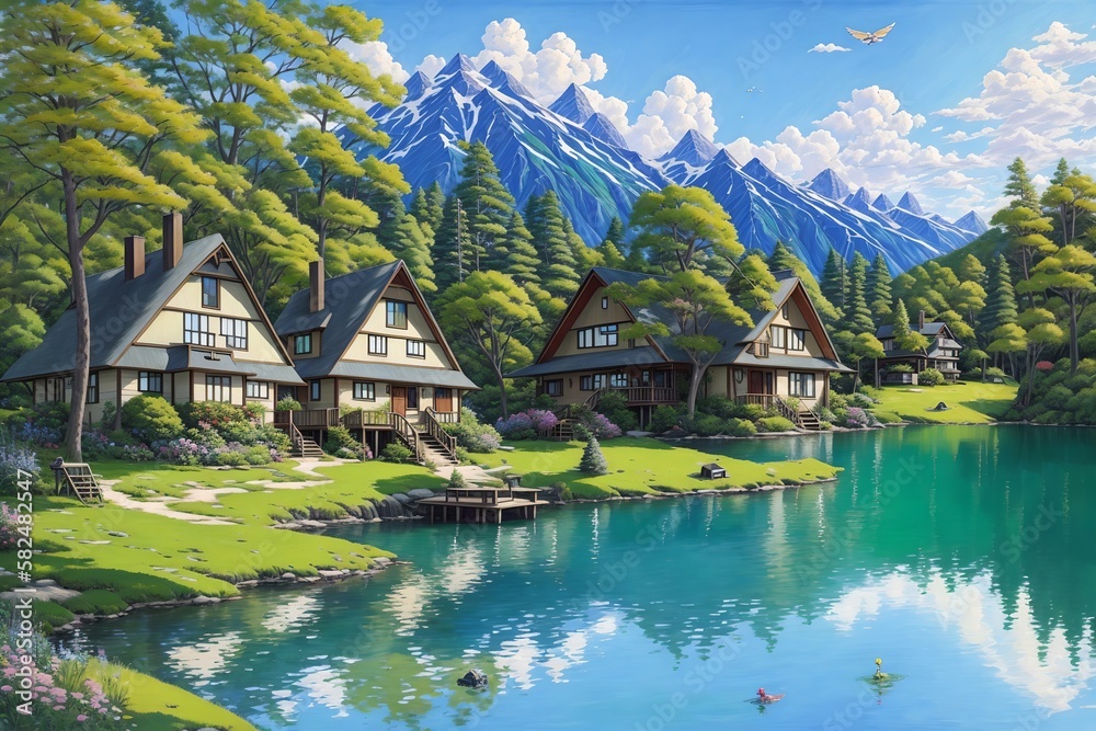 Fototapeta premium Anime-style house in nature landscape [AI Generated]