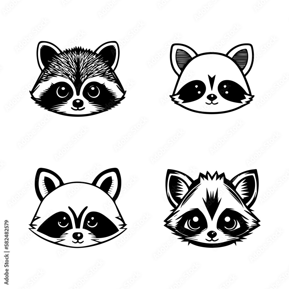 A charming collection of Hand drawn line art illustrations featuring cute anime raccoon head logos. Perfect for adding a touch of cuteness to any project