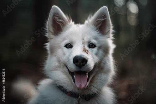 A cute, fluffy, and lovely white and grey puppy of a siberian husky, watching concentrated away and smiling. The background is hazy. This samoyed has large ears and a long tongue. Generative AI