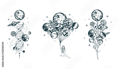 Celestial compositions with a girl holding a bunch of balloons-planets, dna surrounded by space bodies and mystical twig. Hand drawn vector illustrations for print, poster, tattoo and greeting card.