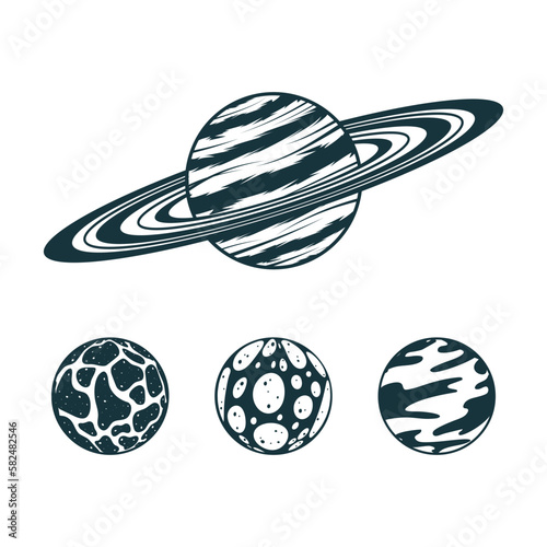 Galaxy planets isolated set. 4 Hand drawn space design elements for print, poster, tattoo and greeting card.