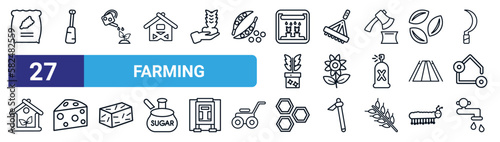 set of 27 thin line farming icons such as fertilizer, digging bar, watering, farming fork, spring flower, cheese, honeycomb, faucet vector icons for mobile app, web design.