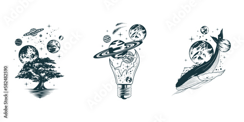 Cеlestial space compositions with planets, moon, stars, broken bulb and whale with a planet on its back. Two mystical hand drawn vector illustrations isolated on white for print, tattoo, greeting card