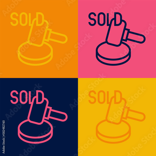 Pop art line Auction hammer icon isolated on color background. Gavel - hammer of judge or auctioneer. Bidding process, deal done. Auction bidding. Vector