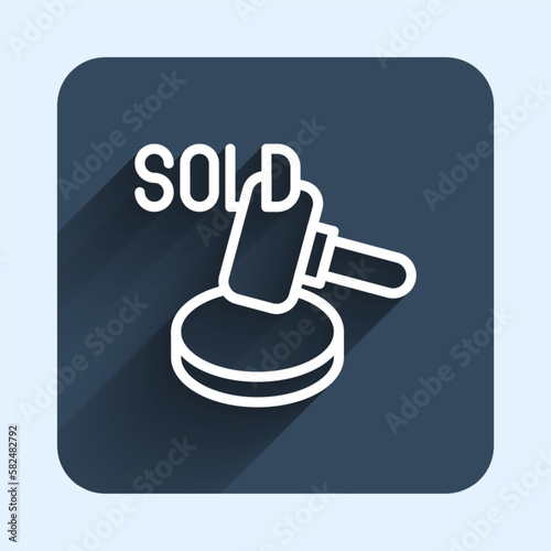 White line Auction hammer icon isolated with long shadow background. Gavel - hammer of judge or auctioneer. Bidding process, deal done. Auction bidding. Blue square button. Vector
