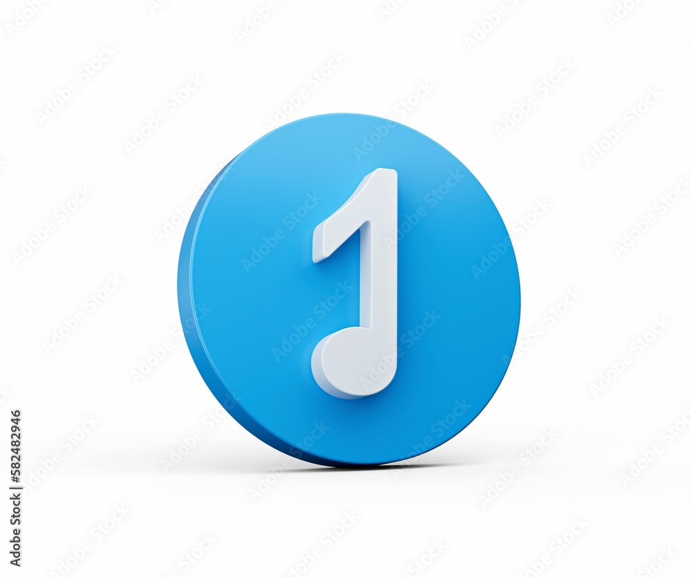 3D Music Note icon on a blue button circle shape isolated on a white background