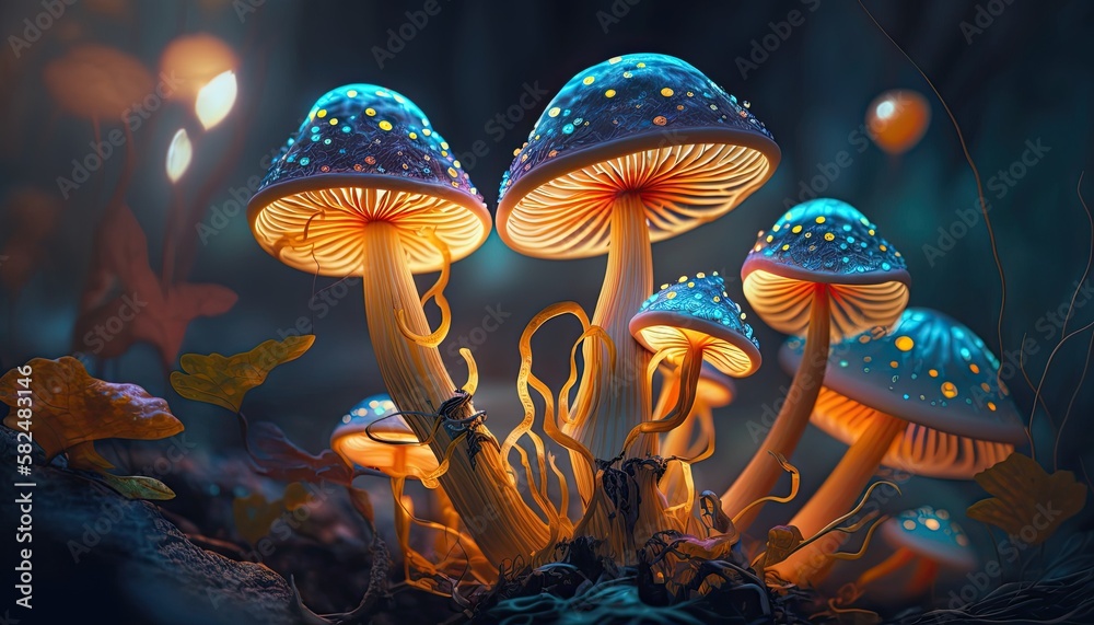 Mystic Magic of Fantasy Forest - A Magical Aglow of Fungus & Mushrooms in Digital Art: Generative AI