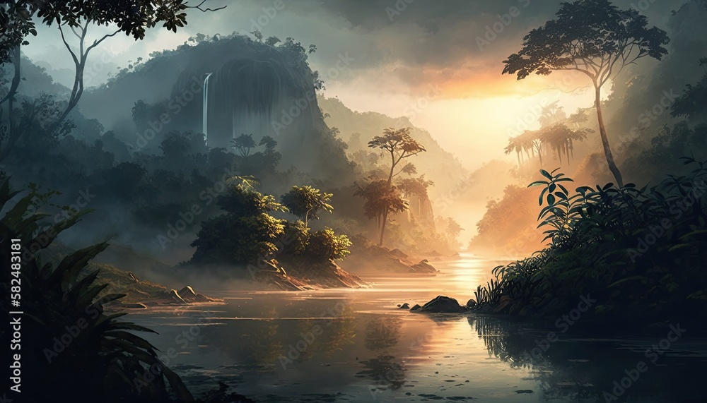 Tropical Sunrise in the Amazonas Rainforest: River Steam, Jungle Landscape, and Greenery of Ecuador, Venezuela and South America, Generative AI