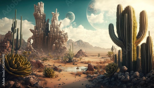 Valokuva Mystical Dreamscape: Surrealist Arid Desert with Giant Cacti