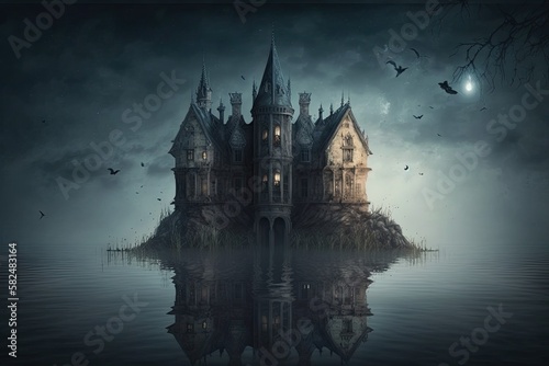 The Haunted House on the Water: An Ancient Castle of Dark Horror & Spooky Fantasy, Generative AI