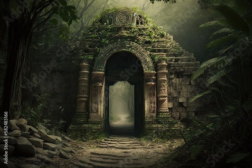 The Historic Mayan Gate in the Verdant Mexico Jungle: A Fairy Tale Entrance to an Ancient Castle: Generative AI photo