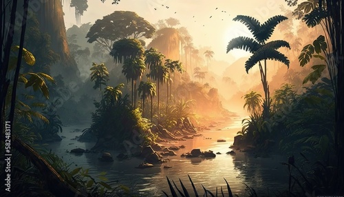 Tropical Sunrise Over the Amazonas Rainforest: A Digital Illustration of Mountains, Rivers, Greenery, and Steam. Generative AI