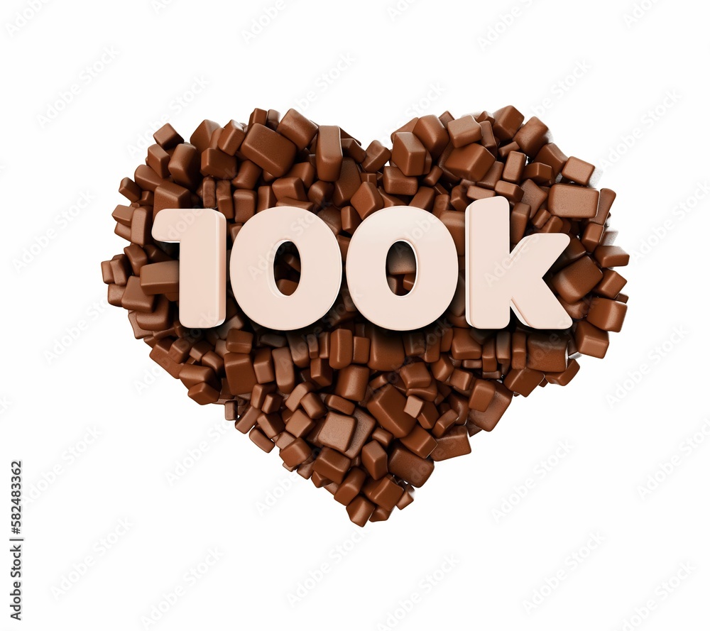 Closeup of 100k Likes 3d Text on Chocolate Chunks Pieces Closeup of 100k Likes 3d Text on Chocolate Chunks Pieces