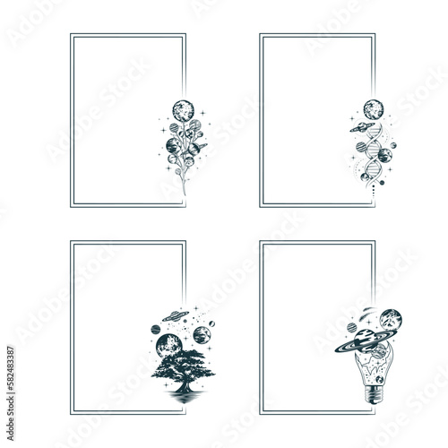 Four celestial rectangular frames with planets, stars, tree, dna and broken bulb. Mystical borders for witchcraft, greeting cards and invitations. Hand drawn vector illustration in boho style.