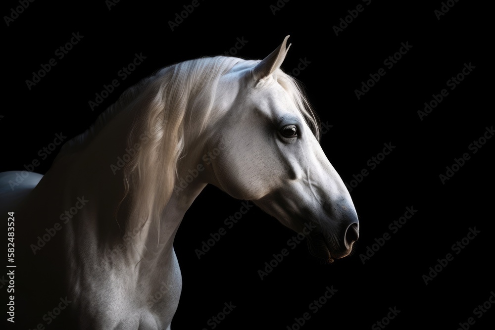 Portrait of a white andalusian horse moving over a black background. Generative AI