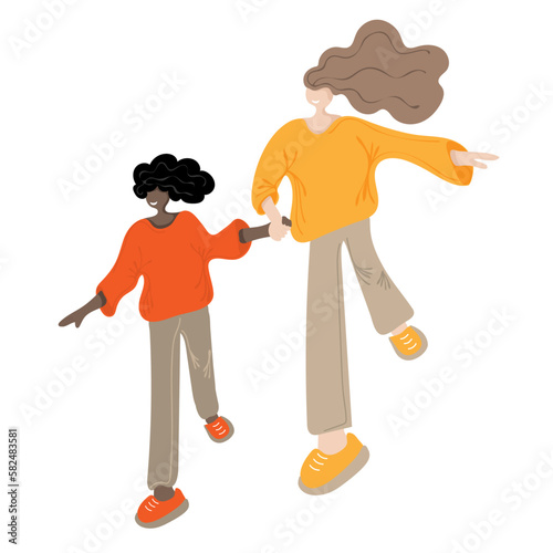 Mother and daughter spending time together. Happy multiethnic family. Active recreation concept. Vector illustration