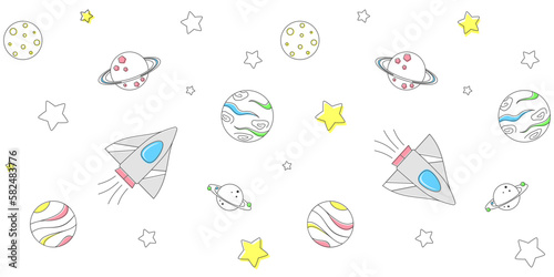 Black outline planets, spaceship and stars with colored elements on a white background. Endless texture with open space. Vector seamless pattern for surface texture, cover, wrapping paper and print