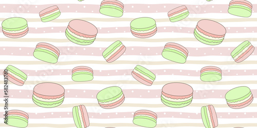 Pink and green macaroons on a soft striped background with dots. Endless texture with French sweet pastries. Vector seamless pattern for pastry shop, confectionery, wrapping paper and surface texture