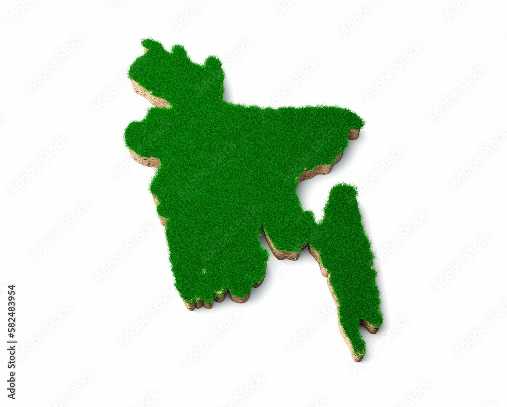3D render of the shape of the Bangladesh Map with a grass and soil design on a white background