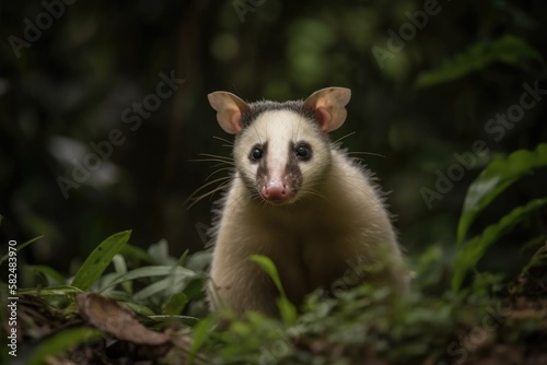 Free ranging Brazilian opossum in a forest. Generative AI © AkuAku