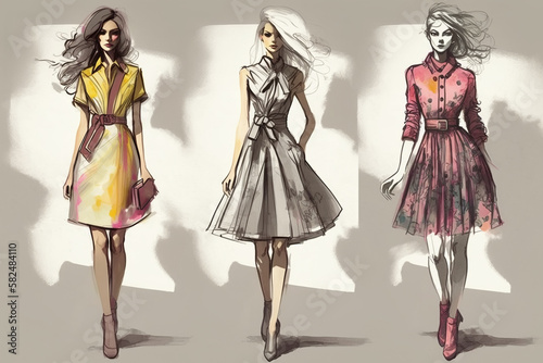 High fashion and clothing style, set of summer women's dress on models sketch illustration. Generative AI