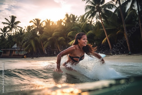 Young Filipina Model Surfing on a Big Wave at Sunset in Siargao Island, Philippines. Generative AI. photo