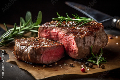 A steak on a cutting board with herbs and spices. Generative ai