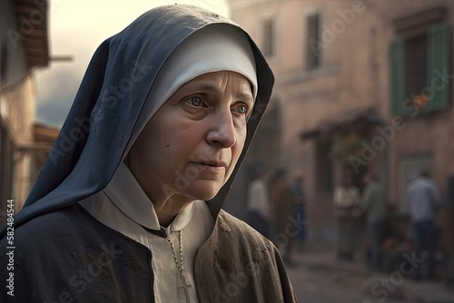 Serene senior nun in a habit, close-up portrait, Generated by Generative AI