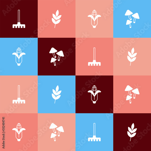 Set pop art Garden rake, Leaf, Corn and Mushroom icon. Vector