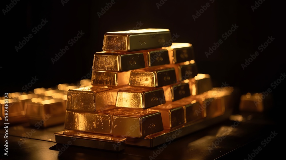 Gold bars stacked on top of each other blurred black background image Generative AI Gold bars stacked on top of each other blurred black background image Generative AI