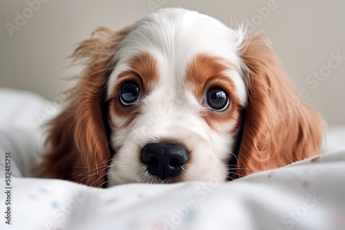 A half breed Cocker Spaniel puppy dog is shown looking at you up close. On the bed was a sheared spaniel. Generative AI