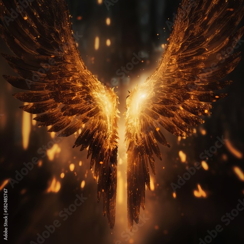 Fotografia Angel wings on black blurred background golden particles Generative AI