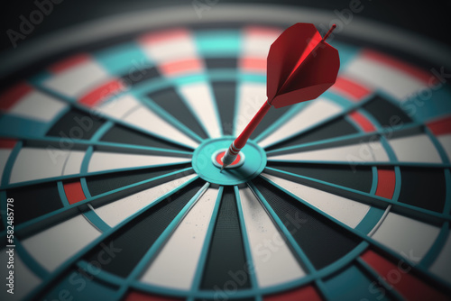 Dart board and arrow in middle. Business and success concept. Achievement and target theme. Orange sun light effect. High contrast tone. Generative AI