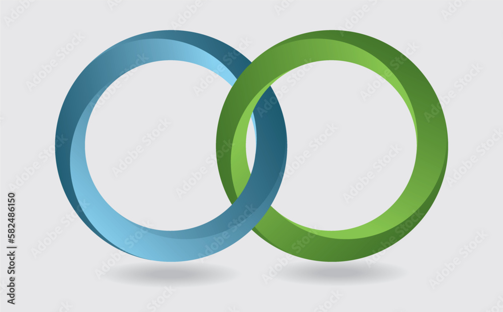 Blue and green intertwined rings in 3D design. Isolated and easy to pick. Vector illustration. Blue and green intertwined rings in 3D design. Isolated and easy to pick. Vector illustration.