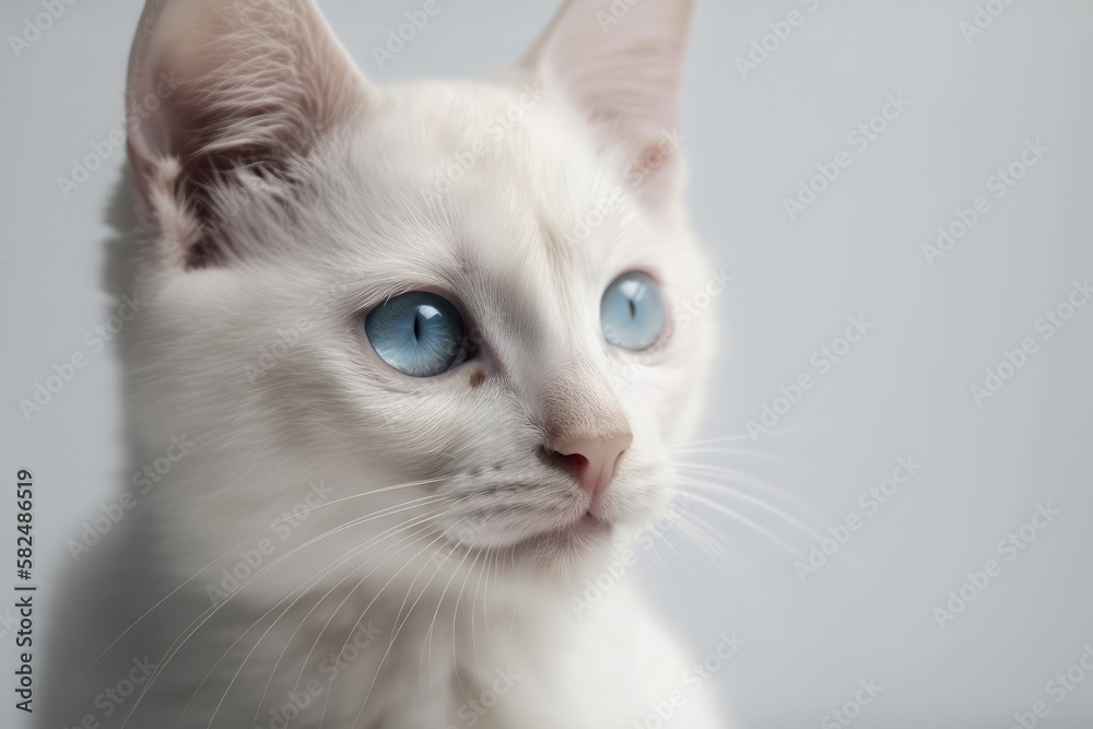 White kitten with blue eyes in a studio photograph on a white background. turning the head. Generative AI