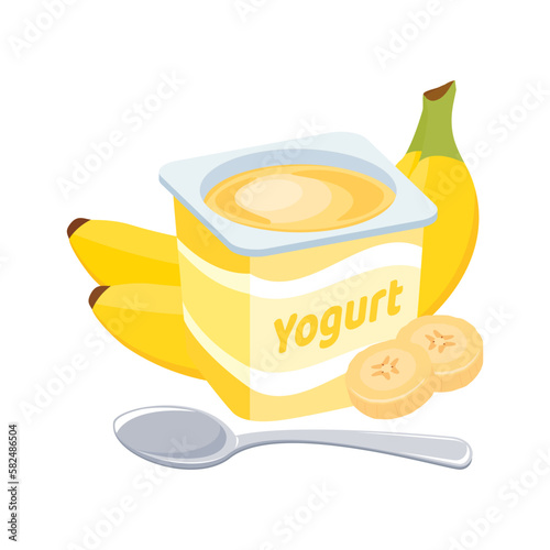Banana yogurt plastic cup icon vector. Fruit yogurt with a spoon graphic design element isolated on a white background. Delicious yellow banana yoghurt vector illustration