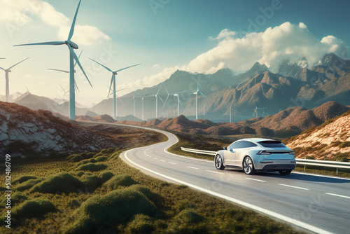 Electric car drive on the wind turbines background. Car drives along a mountain road. Electric car driving along windmills farm. Alternative energy for cars. Car and wind turbines farm. Generative AI photo
